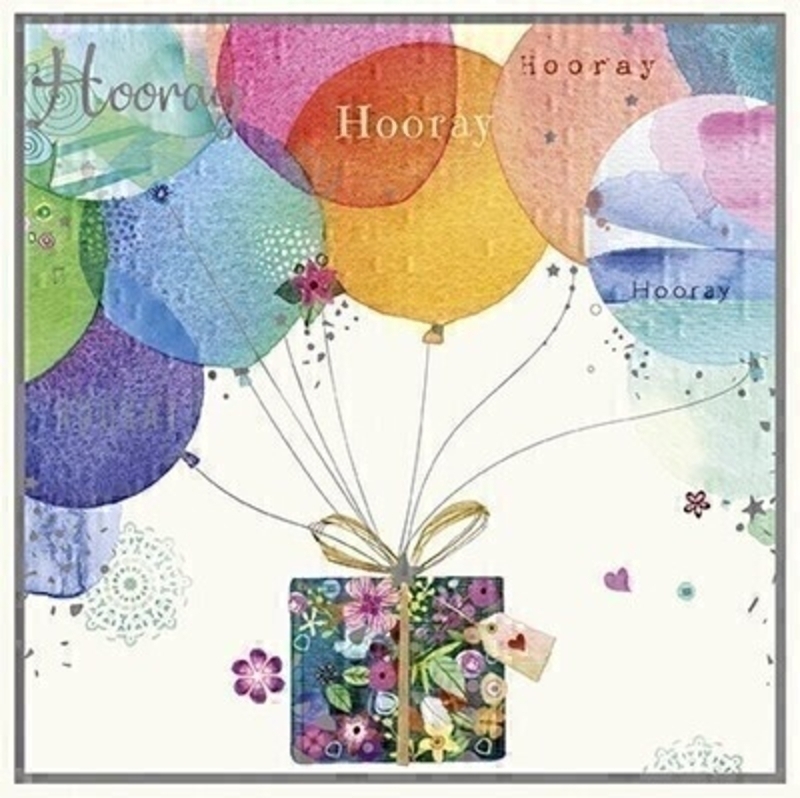 This Birthday greetings card from Paper Rose shows a bunch of brightly coloured balloons attached to a birthday present with Hooray written on the balloons.  The card is perfect to send to someone celebrating a birthday and is blank inside to write your own message. Comes complete with a pink envelope.